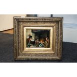 Oil Painting on Panel, housed in a gilt frame, depicting a father in a mask teasing his children.