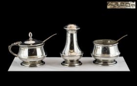 George V ( 3 ) Piece Sterling Silver Cruet Set. Hallmark Birmingham 1920. Maker J.G.Ltd.