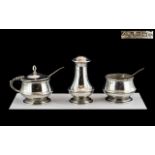 George V ( 3 ) Piece Sterling Silver Cruet Set. Hallmark Birmingham 1920. Maker J.G.Ltd.