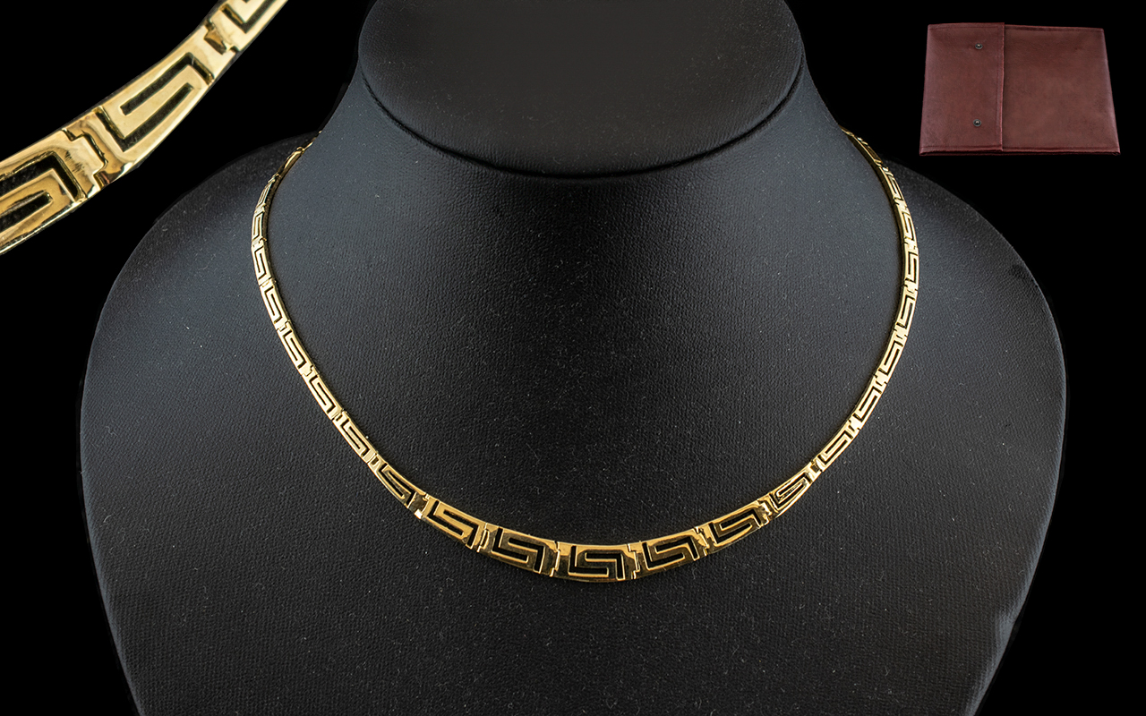 Ladies - Excellent Quality 14ct Gold Graduated Collarette Greek Key Design with Tongue Fastener