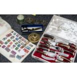 A Mixed Lot to Include: Horn Handled Steak Knives & Forks, a stock stamp book,