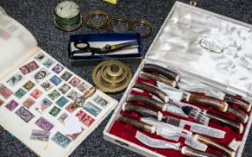 A Mixed Lot to Include: Horn Handled Steak Knives & Forks, a stock stamp book,