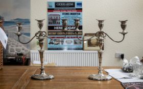 Pair of Three Branch Silver Plated Candelabras, good quality, measure 17'' tall x 16'' wide.