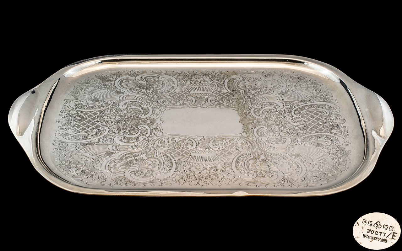 Good Quality - Large Silver Plated Twin Handled Tray With Engraved Decoration to Centre.