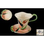 Franz - Superb Hand Painted Porcelain Styalished Cup and Saucer, Lilies - Orange and Green Design.
