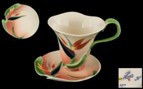 Franz - Superb Hand Painted Porcelain Styalished Cup and Saucer, Lilies - Orange and Green Design.