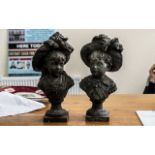 Pair of Antique French Bronzed Metal Busts of a boy and a girl wearing flamboyant feathered hats,