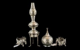 Middle Eastern Silvered Metal Sectional Oil Lamp, with Arabic touch marks,