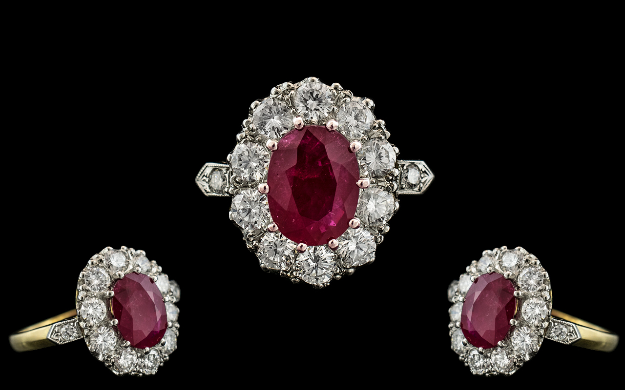 18ct Gold - Superb Quality Ladies Diamond and Ruby Set Cluster Ring.