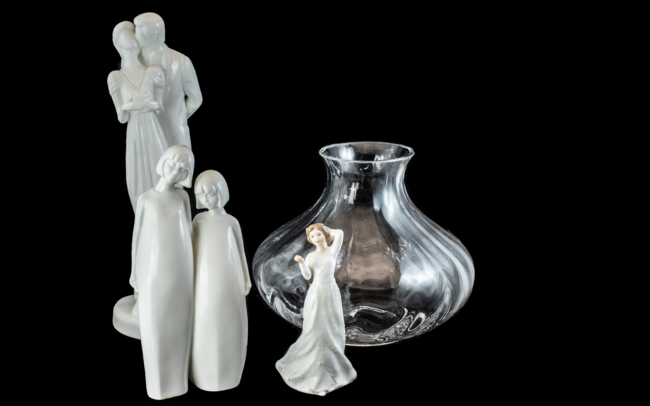 Three Royal Doulton White Figures, comprising 'Happy Anniversary' 13" tall,