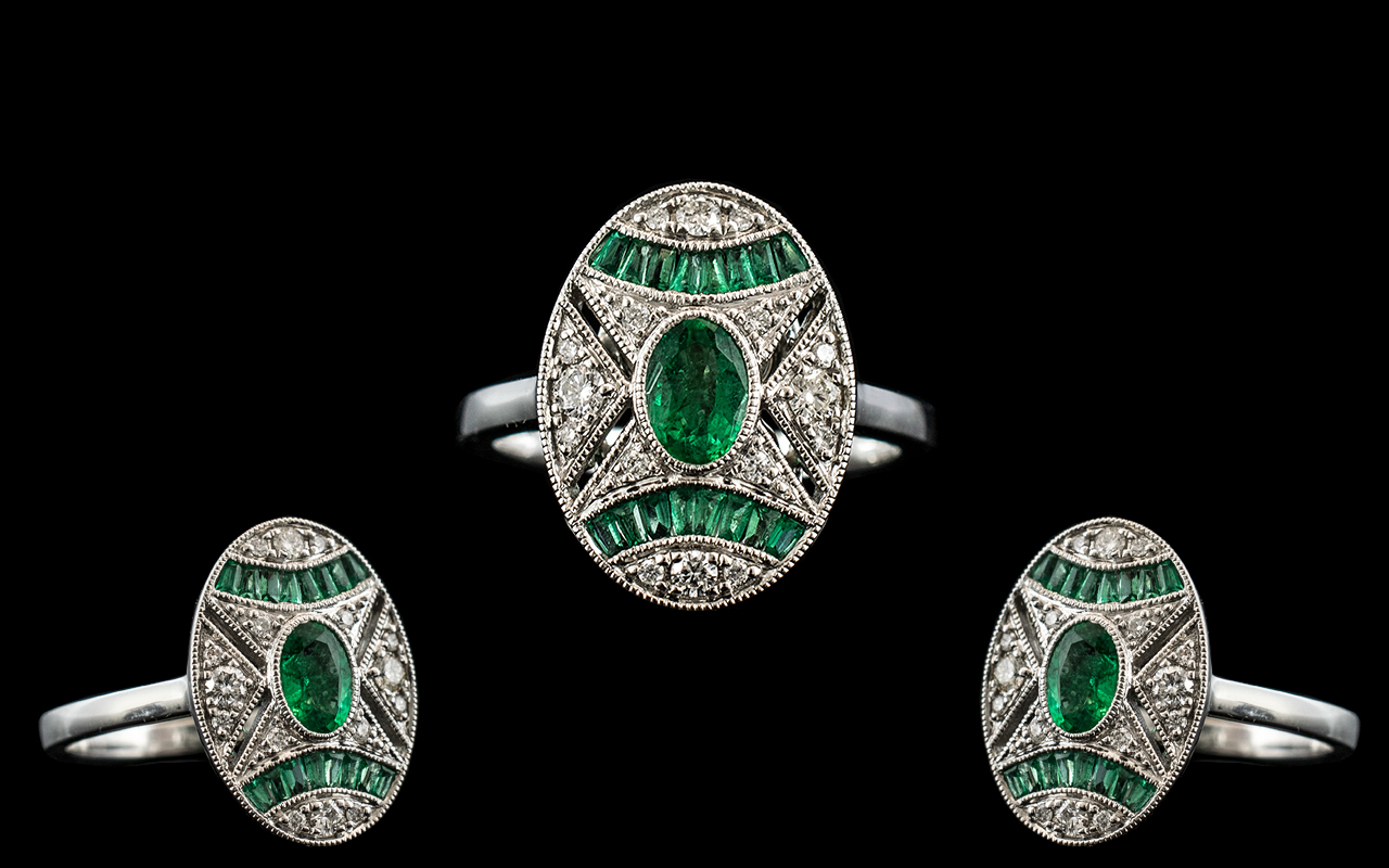 Art Deco Style - Attractive 18ct White Gold Emerald and Diamond Set Dress Ring. Marked 750 to