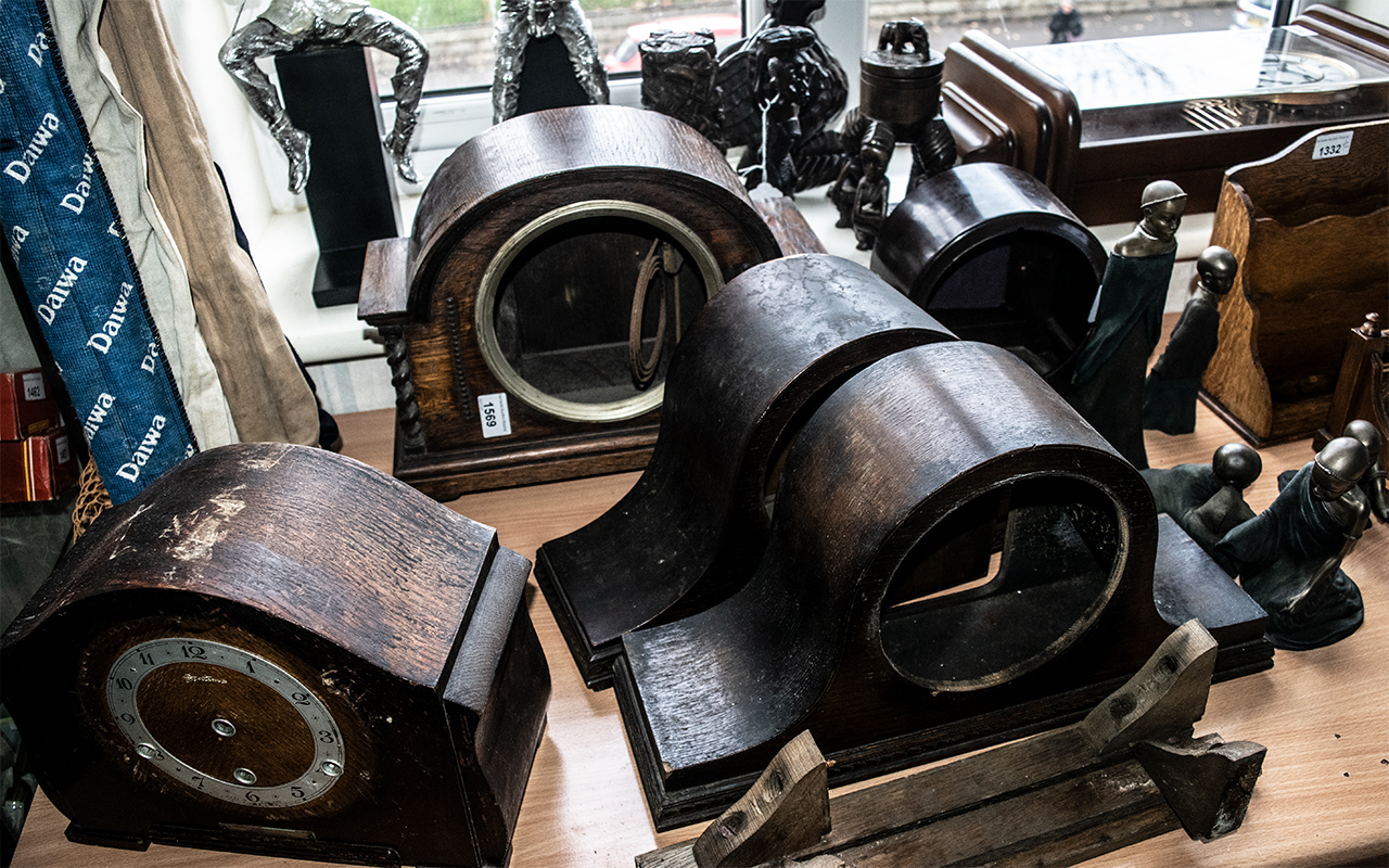 Box of Wooden Clock Cases, five in total, assorted sizes.