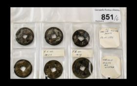 Six Chinese Cash Coins from various reigns, Wu San Kuei, Dynasty Title Chou,