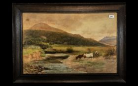Large Watercolour of Cattle in a River Landscape, titled 'Capel Curig',