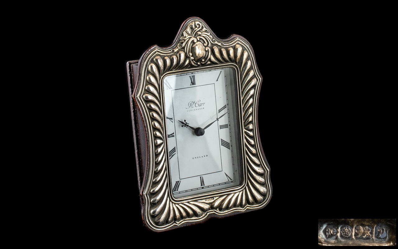 Silver Desk Clock with battery movement; clockmaker R Carr, England, hallmarked London 1960; 5.