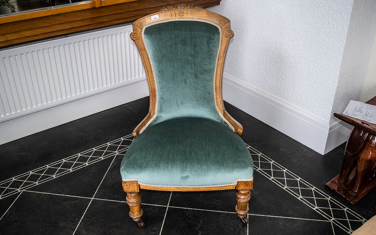 A Victorian Walnut Spoon Back Parlour Chair/Nursing Chair, walnut frame,