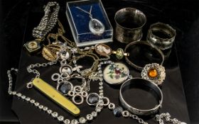 Box of Miscellaneous Jewellery comprising a silver napkin ring, two silver pocket knives,