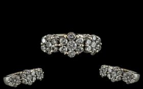 18ct White Gold - Attractive and Contemporary Triple Diamond Cluster Ring, Excellent Design.