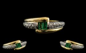 18ct Gold - Attractive and Contemporary Emerald and Diamond Set Dress Ring.