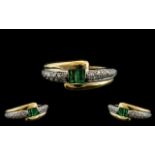 18ct Gold - Attractive and Contemporary Emerald and Diamond Set Dress Ring.