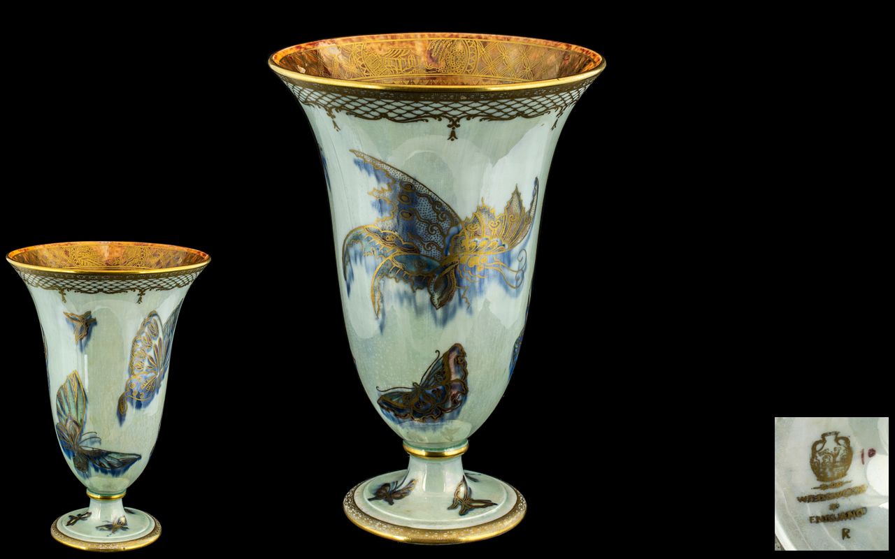 Wedgwood - Trumpet Shaped Superb Quality Hand Painted Lustre Vase ' Butterflies ' Design. c.1930's.