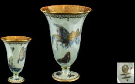 Wedgwood - Trumpet Shaped Superb Quality Hand Painted Lustre Vase ' Butterflies ' Design. c.1930's.