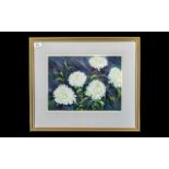 Watercolour of White Chrysanthemums, framed and mounted behind glass, overall size 22'' x 18'',