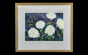 Watercolour of White Chrysanthemums, framed and mounted behind glass, overall size 22'' x 18'',