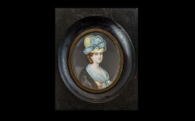 Beautiful 19TH Century Miniature Painting of a Beautiful Lady Wearing A Big Hat,
