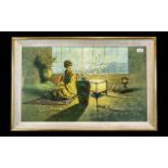 Print of an Oriental Lady with a Lamp, beautiful depiction of a lady seated on the floor,
