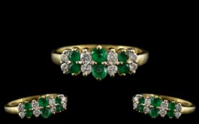 18ct Gold - Attractive Emerald and Diamond Set Dress Ring.