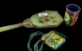 Chinese Green Jade Hand Mirror with overlaid floral decoration; 14 inches (35cms) long,