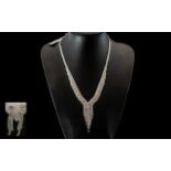 White Crystal Y Necklace and Drop Earrings Set, rows of closely set,