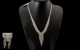 White Crystal Y Necklace and Drop Earrings Set, rows of closely set,