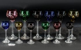 Set of Six Harlequin Hock Glasses, in red, blue, green amber and bronze, 9" tall,