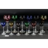 Set of Six Harlequin Hock Glasses, in red, blue, green amber and bronze, 9" tall,