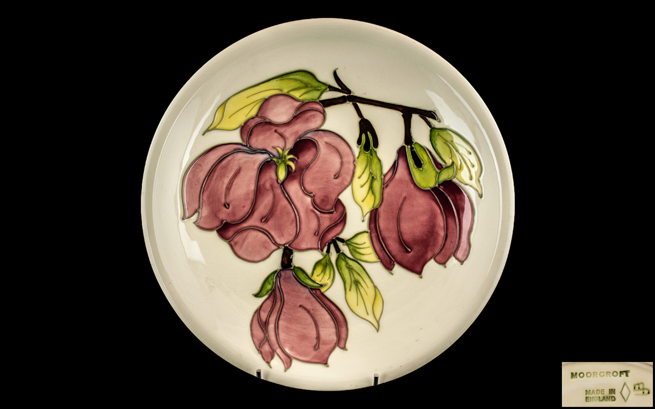 Moorcroft - Large Tubelined Cabinet Plate ' Coral Hibiscus ' Design on Cream Ground. Impressed