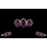 Ladies 9ct Gold - Attractive 3 Stone Amethyst Set Dress Ring, Excellent Gallery Setting.