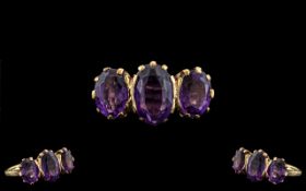 Ladies 9ct Gold - Attractive 3 Stone Amethyst Set Dress Ring, Excellent Gallery Setting.