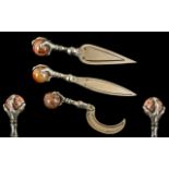 Victorian Period 1837 - 1901 Fine Trio of White Metal Ball and Claw - Agate Set Bookmarks.