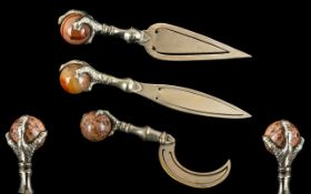Victorian Period 1837 - 1901 Fine Trio of White Metal Ball and Claw - Agate Set Bookmarks.