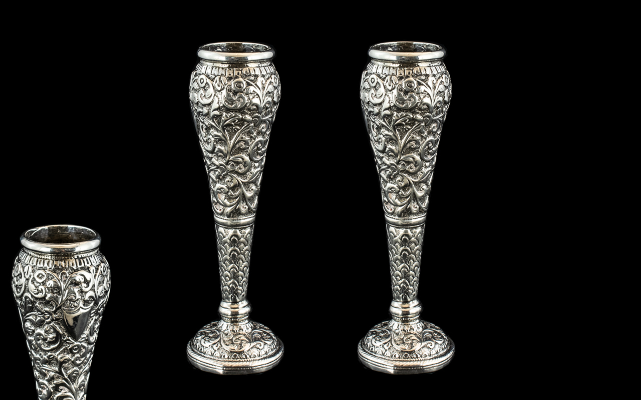 Victorian Period Pair of Small Repousse Silver Work Posy Vases with Vacant Cartouches and