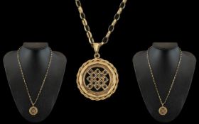 9ct Gold Pendant - Set with Sapphires of Circular Form, With Attached 9ct Gold Chain.