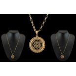 9ct Gold Pendant - Set with Sapphires of Circular Form, With Attached 9ct Gold Chain.