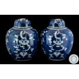 Pair of Antique Chinese Porcelain Blue and White Ginger Jars of ovoid shape, with lids,