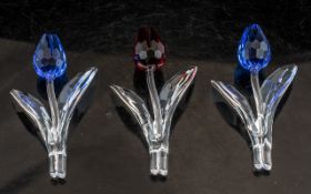 Swarovski 'The Magic of Crystal ' Set of Two Tulips ( Red and Blue Colour way ) Approx 4 Inches