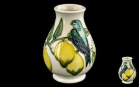 Moorcroft - Small ' Birds & Lemon ' Baluster Vase, Full Stamps to Base. Approx 4 Inches High.