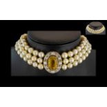 Antique Period - Superb Quality Ladies 18ct White Gold Diamond and Citrine Set Triple Strand