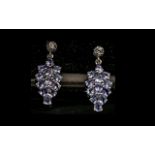 Pair of Tanzanite Cluster Drop Earrings, pear cut tanzanites, totalling 3.