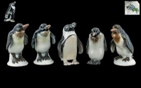 Rosenthal Superb Set of ( 4 ) Four Hand Painted Porcelain Penguin Figures, In Standing Position.